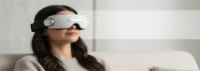 A person relaxing with an eye massager, showing a sense of calm and well-being.